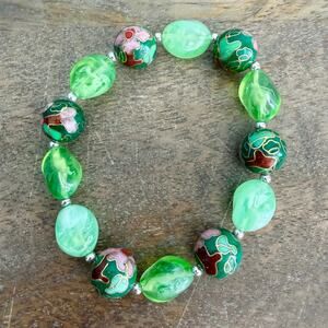Green Floral Cloisonne Beaded Stretch Bracelet